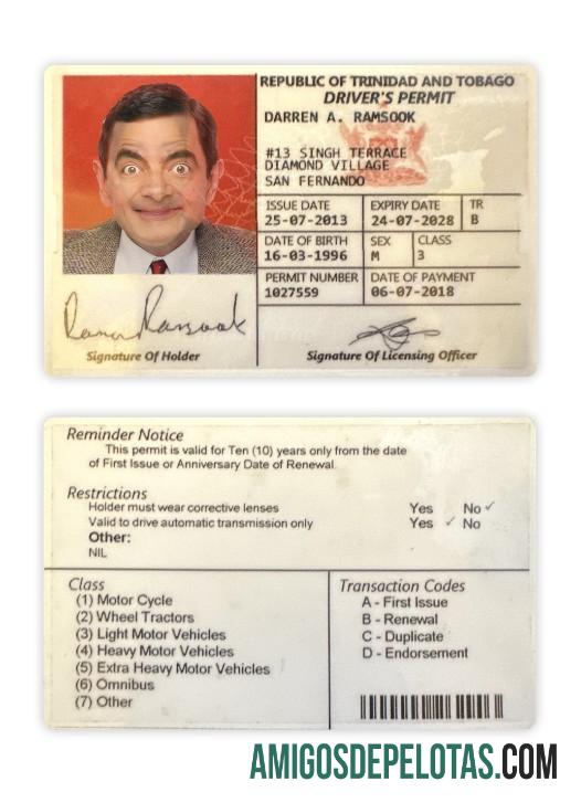 Carteira de motorista de Trinidad e Tobago 2018 presente exemplo